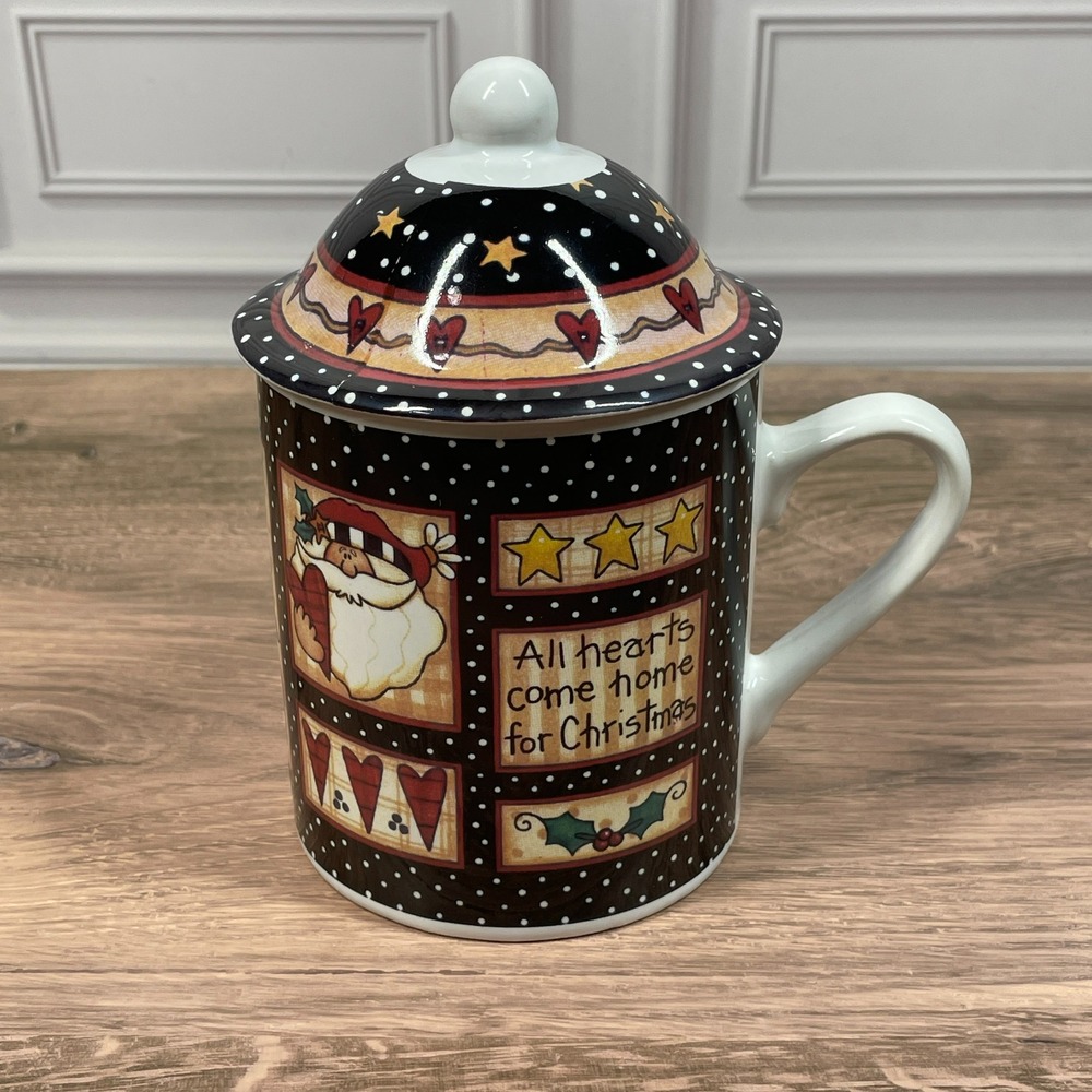 Vintage 2002 Central Street Design Christmas Mug Lid Santa Snowman Tree‎ Holly